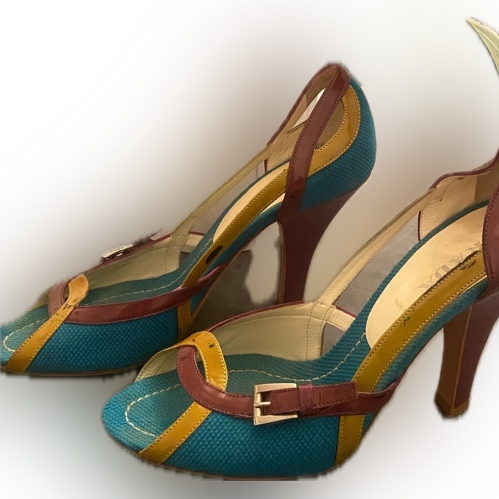 Prada Blue and Yellow Heels with Modern Design